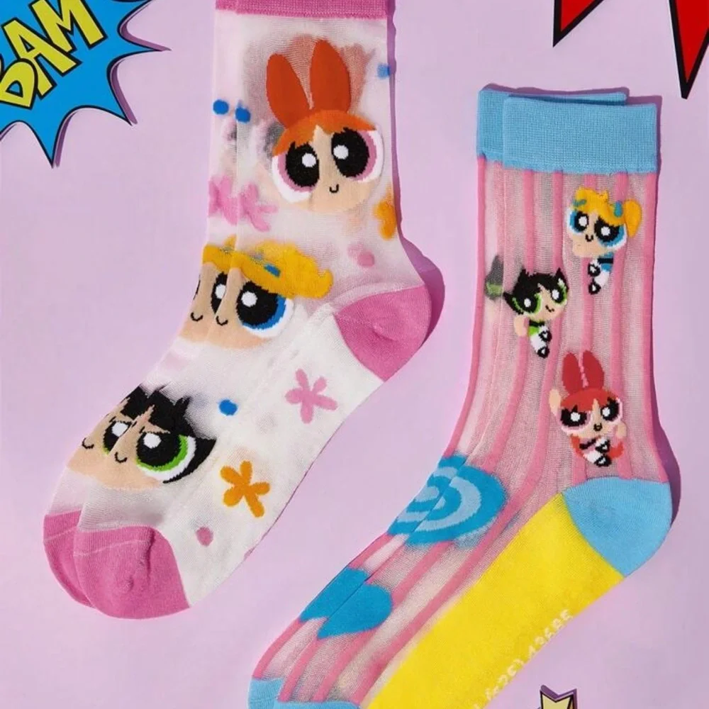 THE POWERPUFF GIRLS 2 Pairs Super Thin Cartoon Heart & Polka Dot Pattern Socks